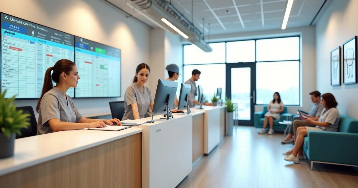 Recepção de clínica odontológica organizada com equipe alinhada na frente do computador de agendamentos 
