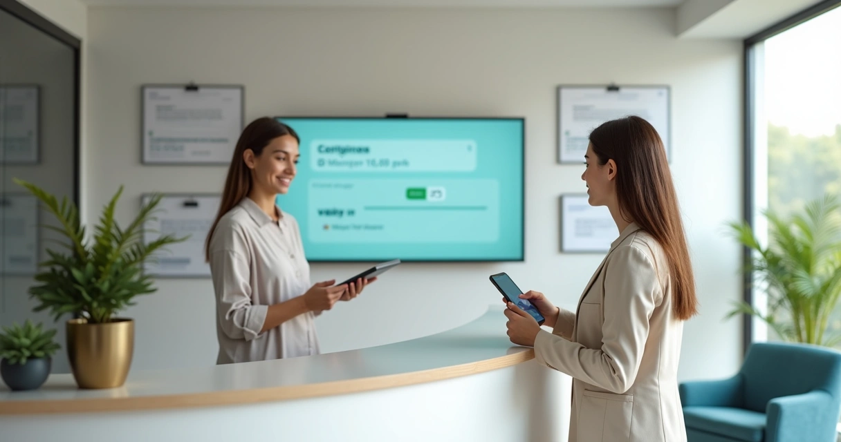 Recepcionista de clínica odontológica confirmando consulta com paciente no balcão 