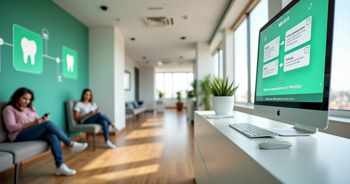 Painel digital na recepção de clínica odontológica exibindo fluxo automatizado de mensagens no WhatsApp 