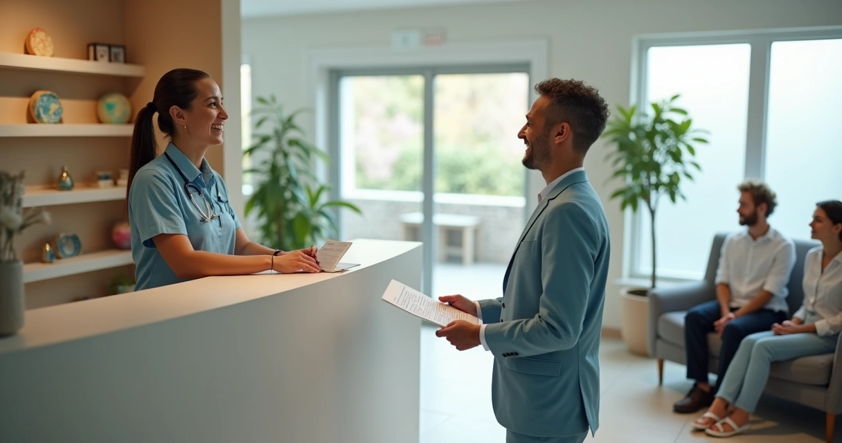 Recepcionista de clínica odontológica acolhendo paciente para onboarding