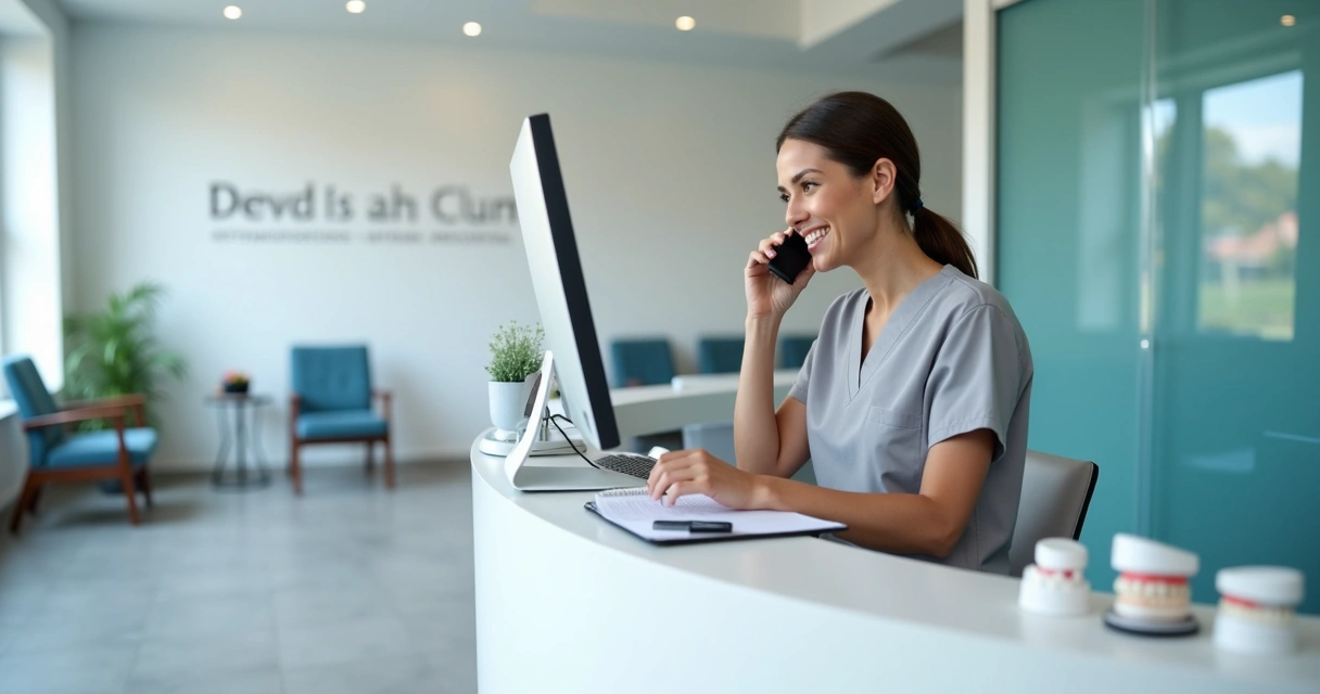 Recepcionista de clínica de ortodontia atendendo paciente ao telefone com sorriso e anotações na agenda 