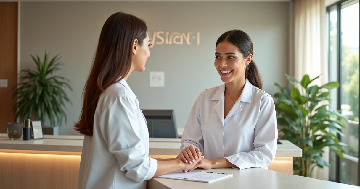 Como a hidratação injetável com skin booster melhora a pele? 22 Paciente sendo recebida por recepcionista em clínica de dermatologia moderna
