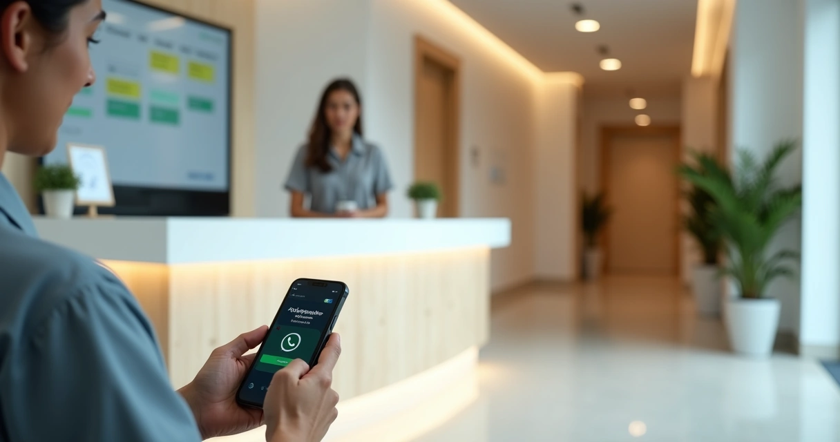 Paciente confirma consulta no celular enquanto recepcionista organiza agenda da clínica 