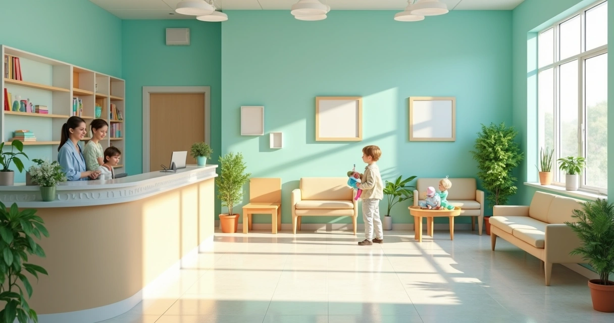 Recepção de clínica odontológica pediátrica com área infantil e atendimento acolhedor 