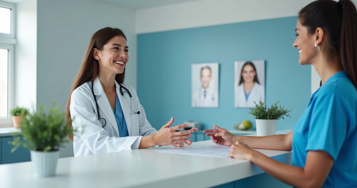 Recepcionista em clínica médica cumprimentando paciente na recepção, ambiente moderno e organizado 