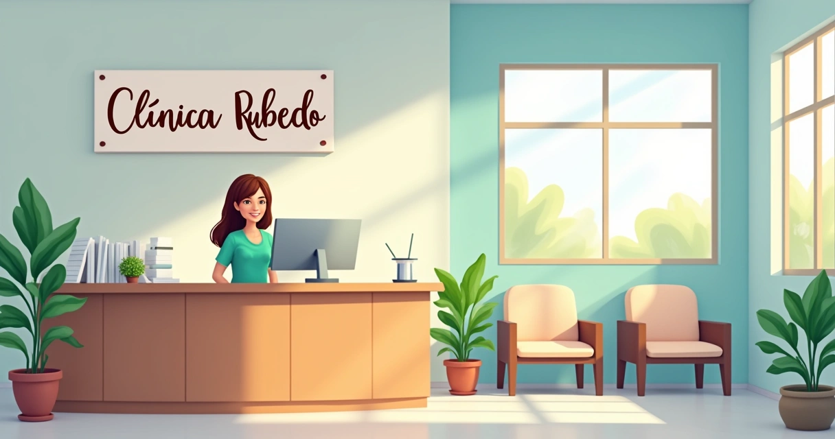 Recepção acolhedora da Clínica Rubedo, com móveis confortáveis e recepcionista sorridente.