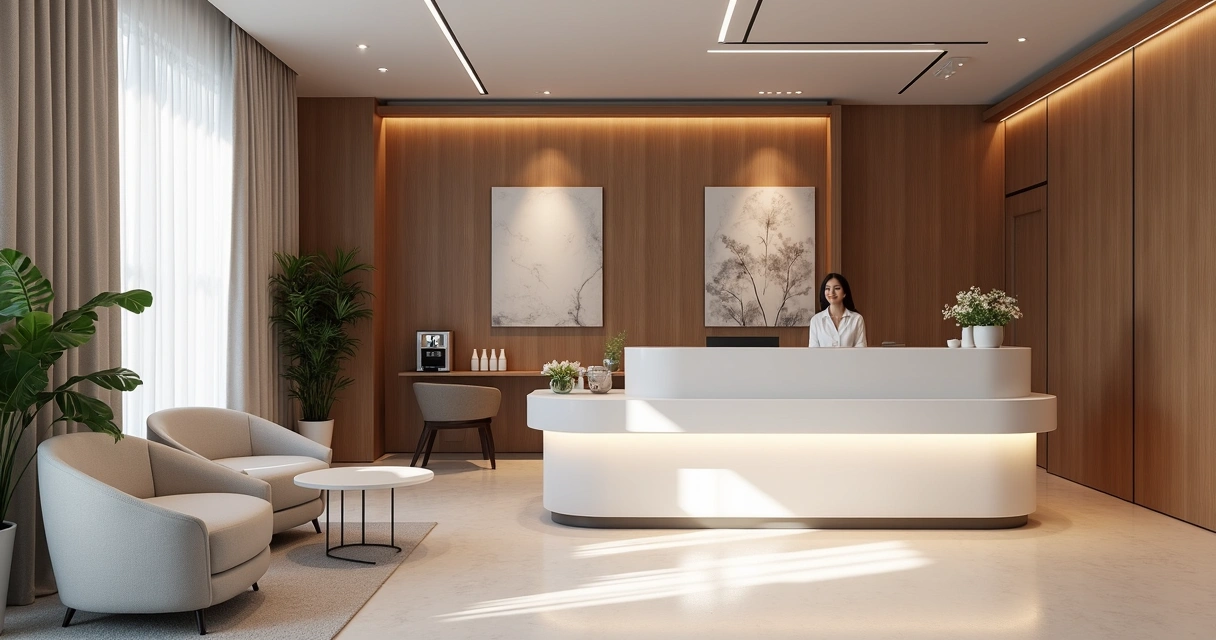 Recepção elegante de clínica com iluminação suave, detalhes em madeira e café disponível