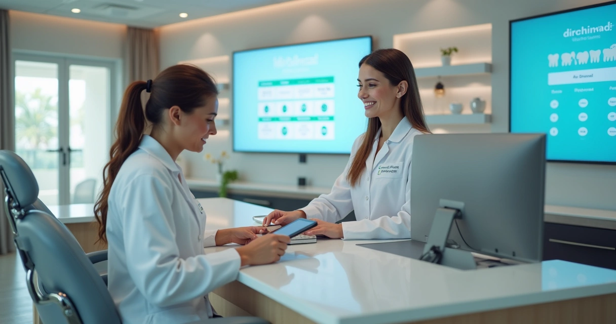 Recepcionista usando computador em clínica odontológica moderna 