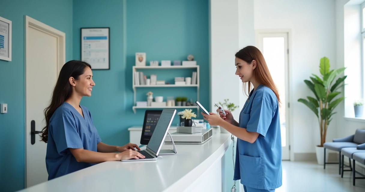 Recepção de clínica com atendimento digital e sistema integrado 