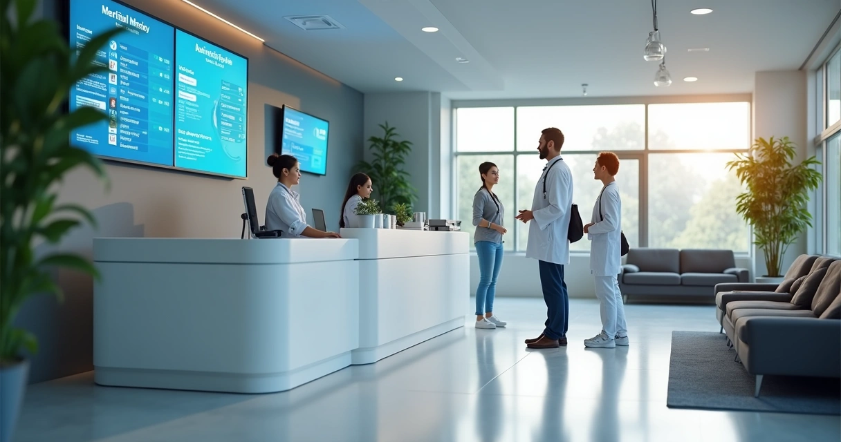 Recepção de clínica moderna com telas digitais mostrando agendamentos