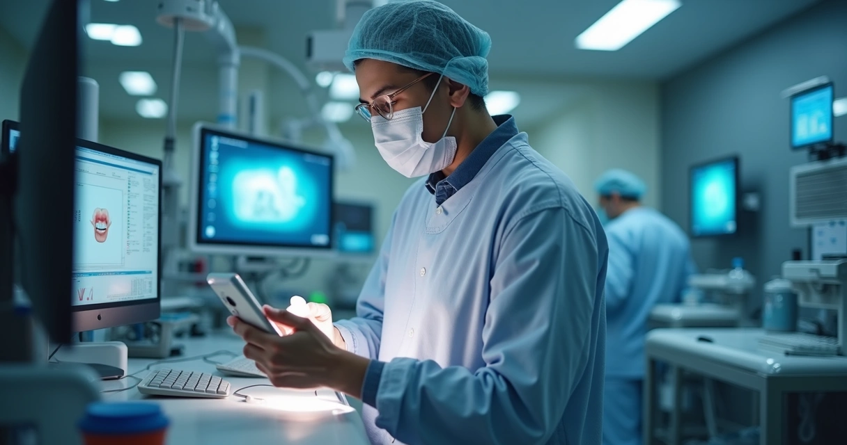 Recepcionista treinando equipe em clínica odontológica moderna com agenda digital e computadores 