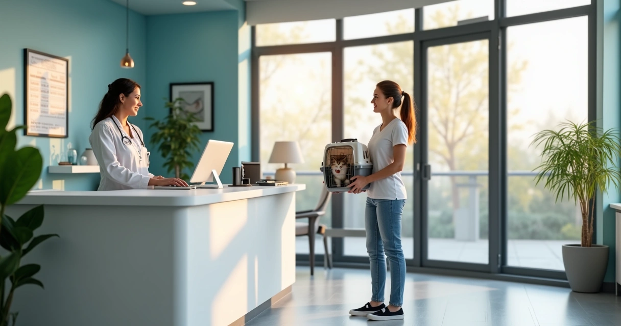 Recepção moderna de clínica veterinária com recepcionista e tutor com pet 