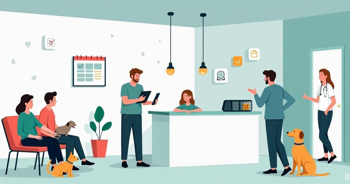 Recepção de clínica veterinária acolhedora com tecnologia digital de atendimento 