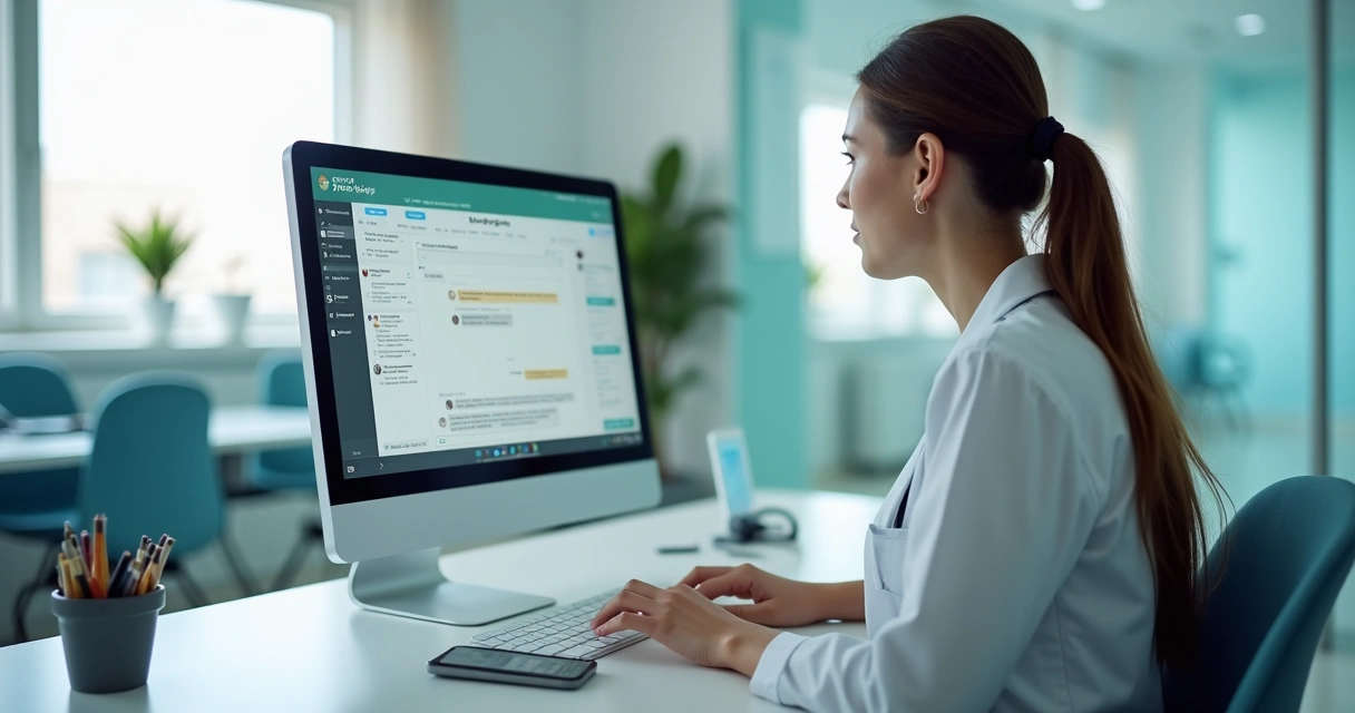 Atendente de clínica olhando conversas em WhatsApp e agenda no computador 