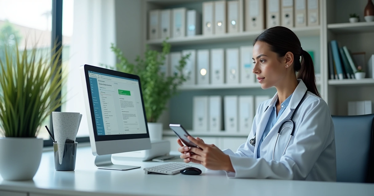 Recepcionista de clínica médica digitando no computador e no WhatsApp ao mesmo tempo no balcão 