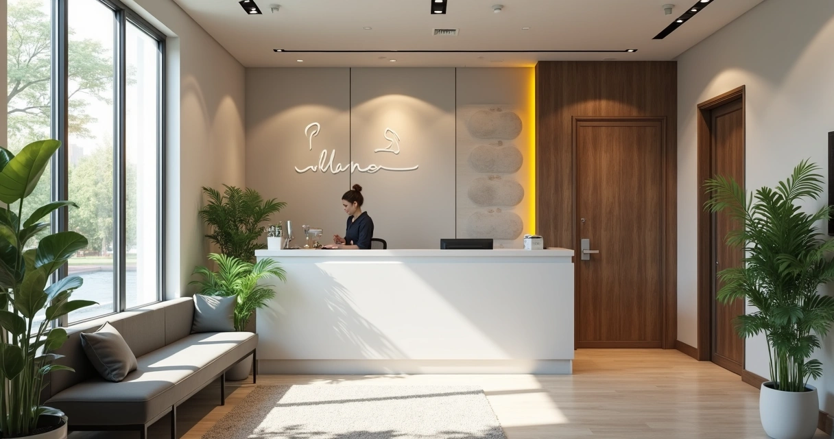 Recepção de clínica odontológica confortável e moderna com pacientes sentados