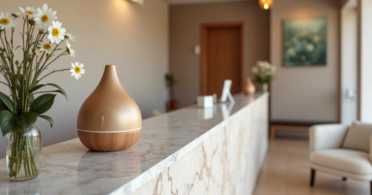 Recepção de consultório odontológico elegante com difusor de aroma moderno sobre a mesa 