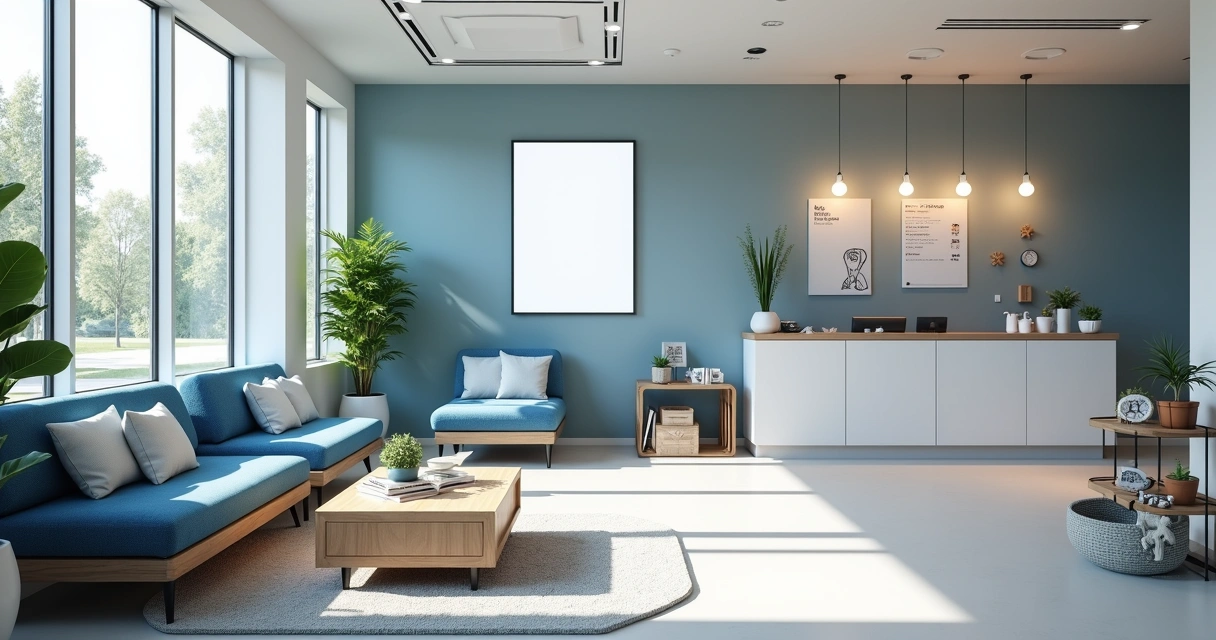 Recepção de consultório odontológico moderna e confortável