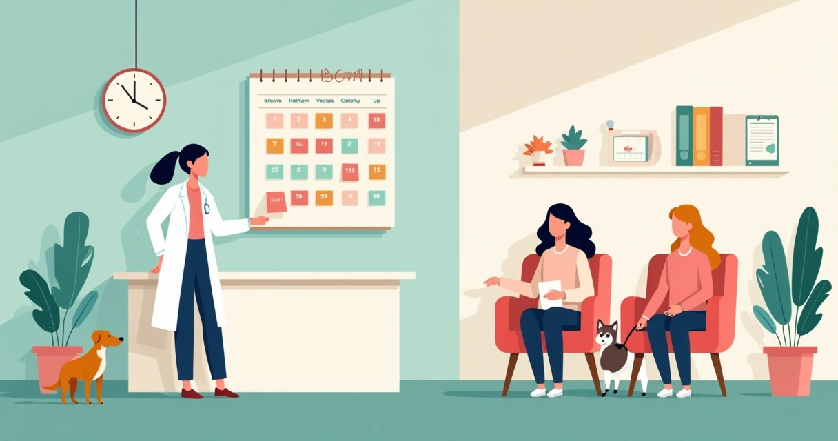 Recepção de consultório veterinário particular organizada com tutores e pets aguardando atendimento 