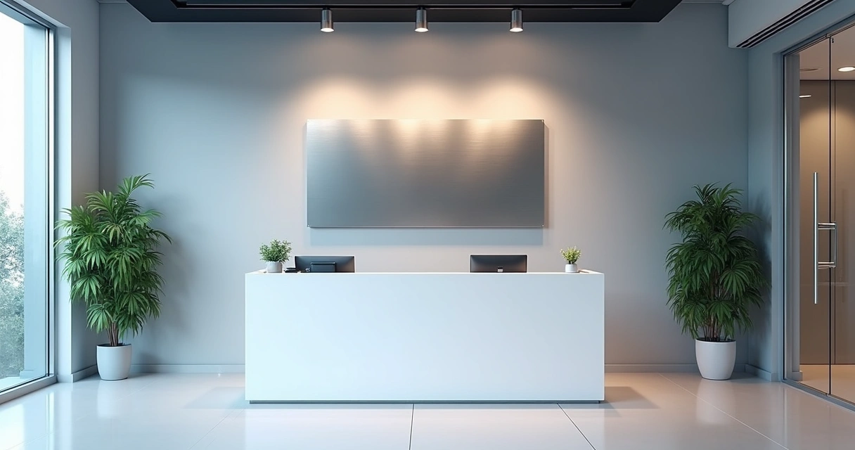 Recepção corporativa com placas de inox nas paredes