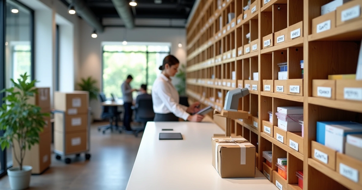 Recepcionista de coworking organizando correspondências em estante de caixas individuais 