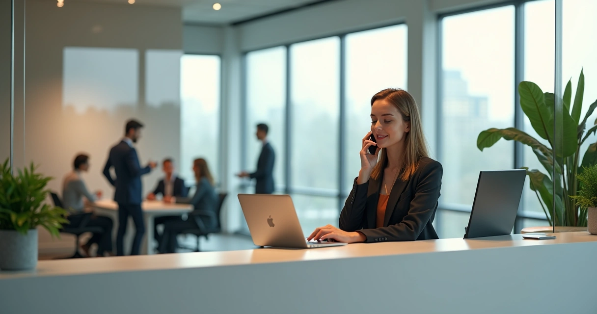 Secretária atendendo ligação em escritório moderno 