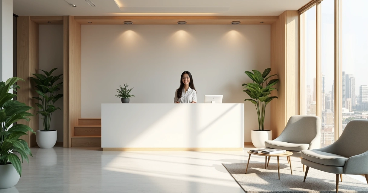 Recepção moderna com atendente e logotipos na parede 