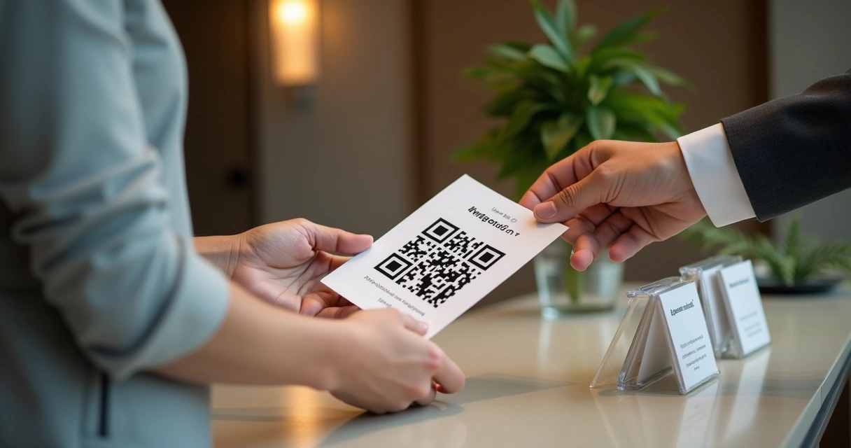 Recepção entregando folheto com QR para WhatsApp 