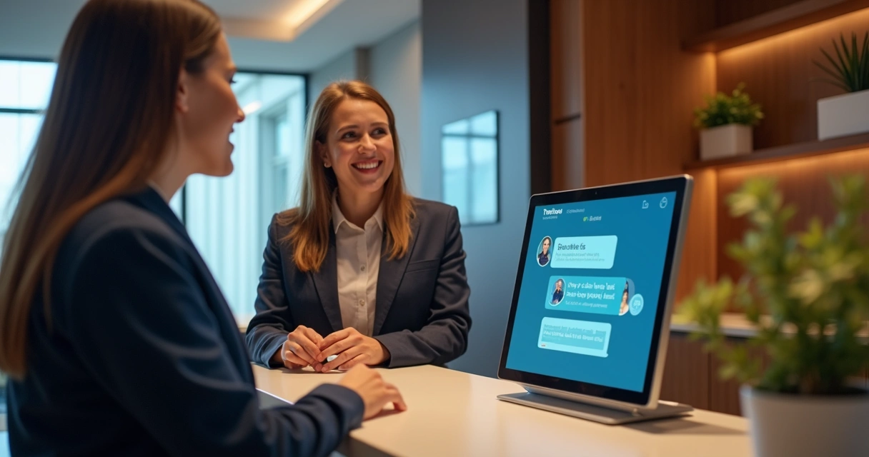 Recepcionista em hotel recebendo hóspede com painel digital ao fundo 