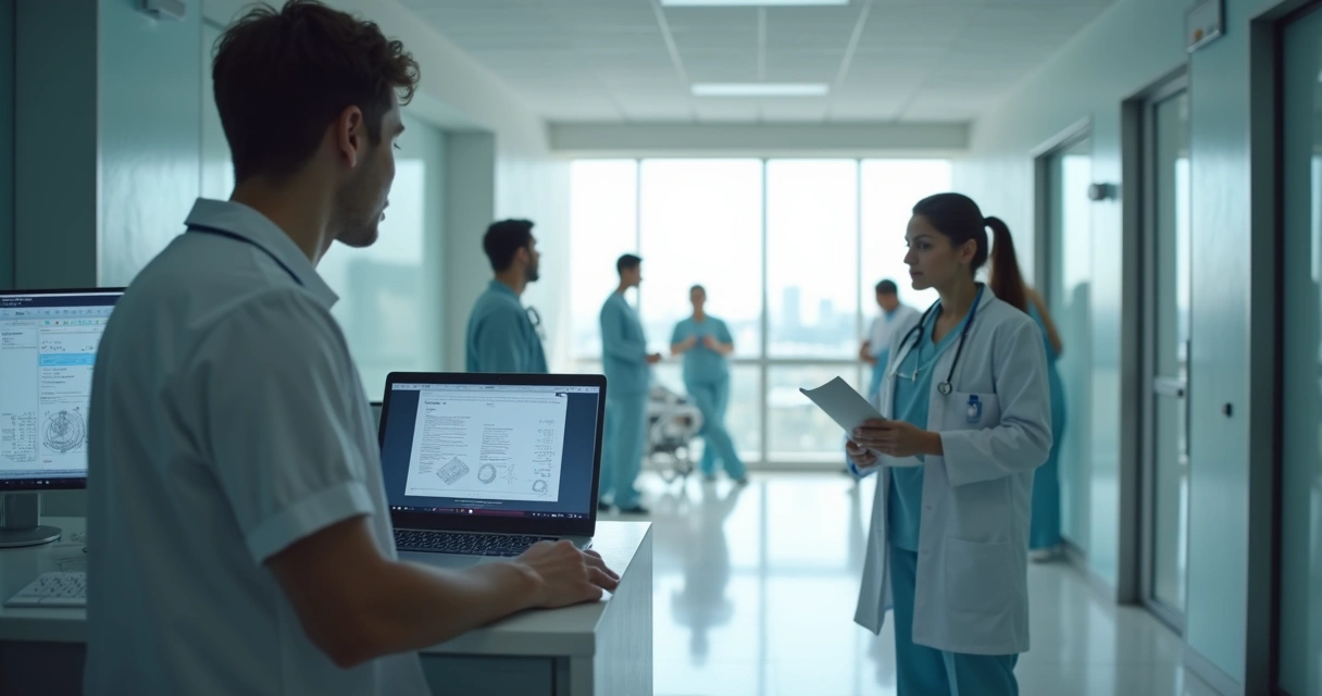 Recepcionista de hospital recebendo atestado médico impresso de paciente 