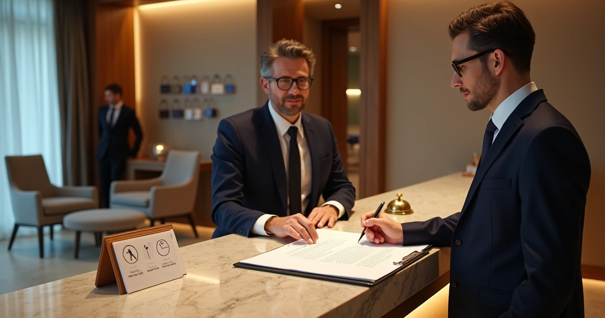Gerente de hotel e advogada conferindo documento atrás do balcão de recepção elegante 
