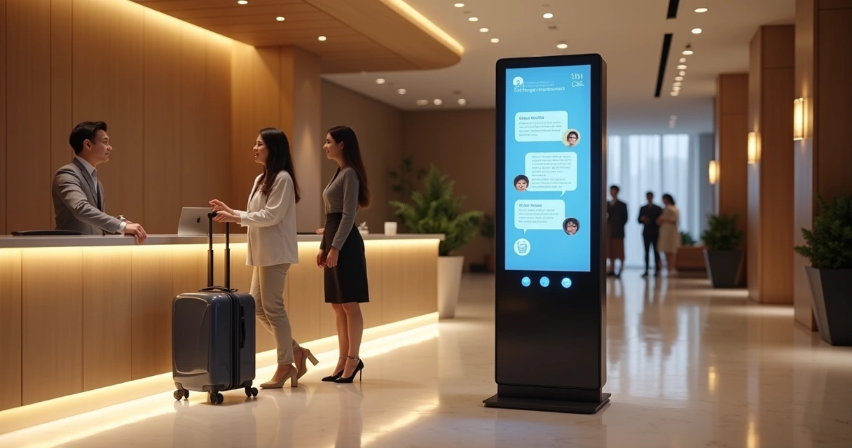 Recepcionista de hotel atendendo hóspede ao lado de totem com assistente virtual 