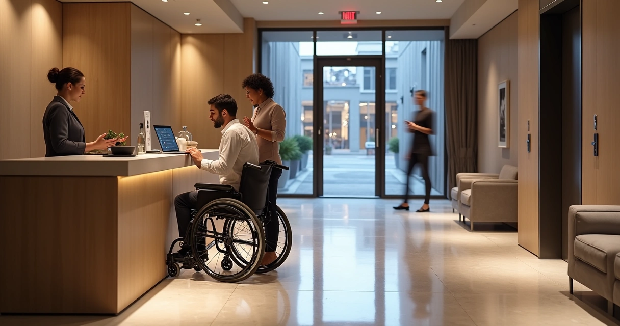Recepcionista de hotel atendendo hóspede em cadeira de rodas com intérprete de libras ao lado 