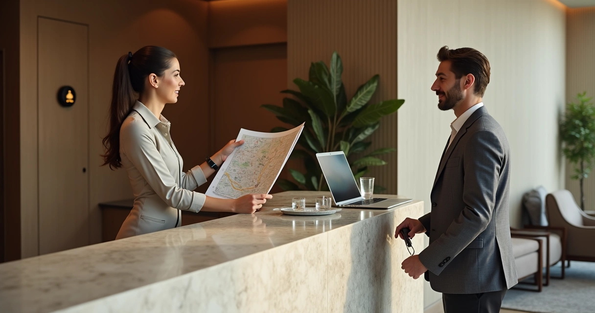 Recepcionista de hotel oferecendo atendimento proativo a hóspede na recepção moderna 