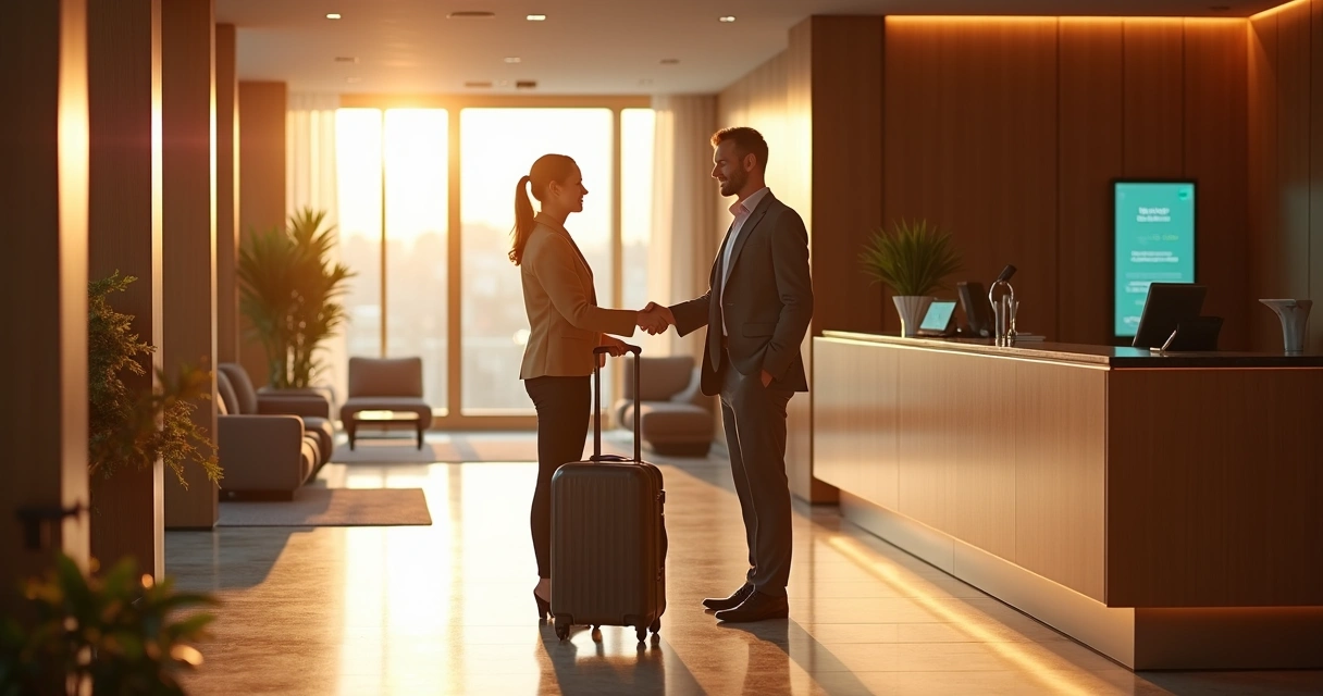 Recepcionista de hotel cumprimentando hóspede enquanto sistema automatizado funciona ao fundo 