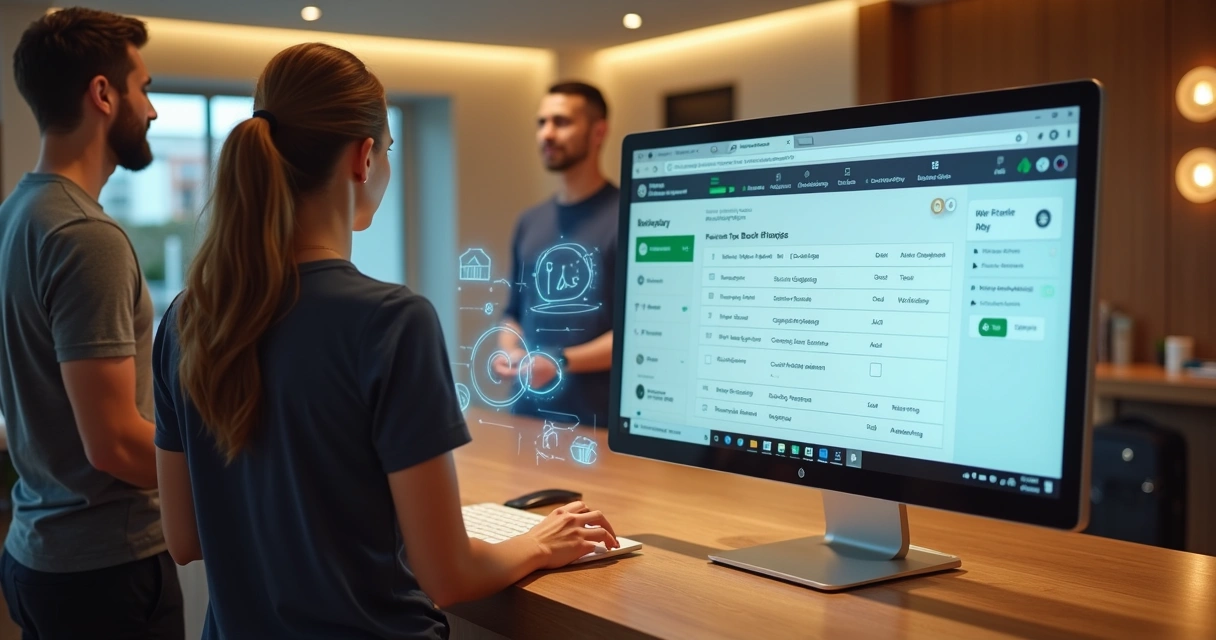 Recepcionista de hotel usando sistema de reservas online em computador com hóspede ao lado 