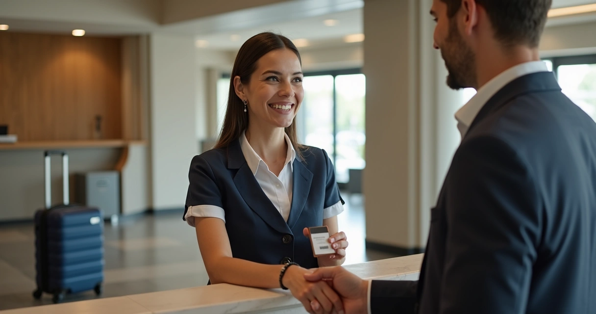 Atendente de hotel recebendo hóspede na recepção 