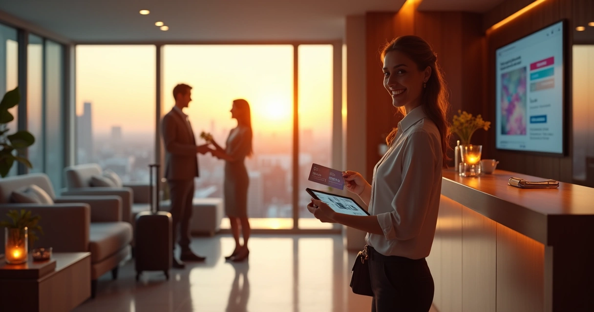 Recepcionista de hotel cumprimentando hóspede em recepção moderna e acolhedora 