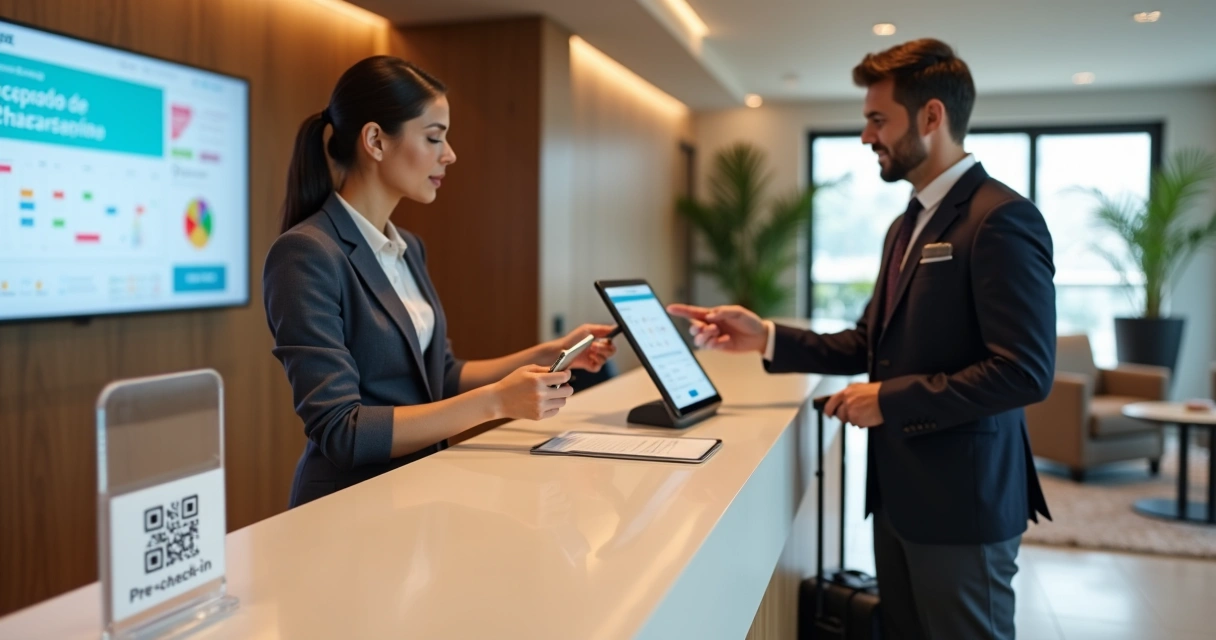 Recepcionista de hotel registrando hóspede em ficha digital no tablet 
