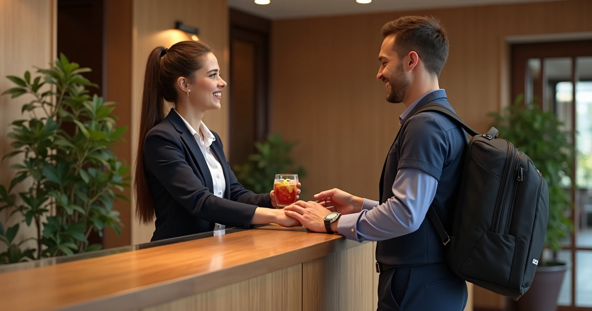 Recepcionista de hotel cumprimentando hóspede com sorriso, balcão de madeira ao fundo