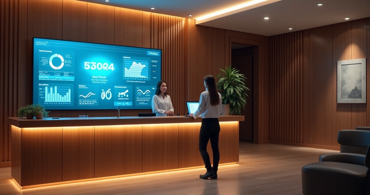 Recepcionista digital em balcão de hotel 