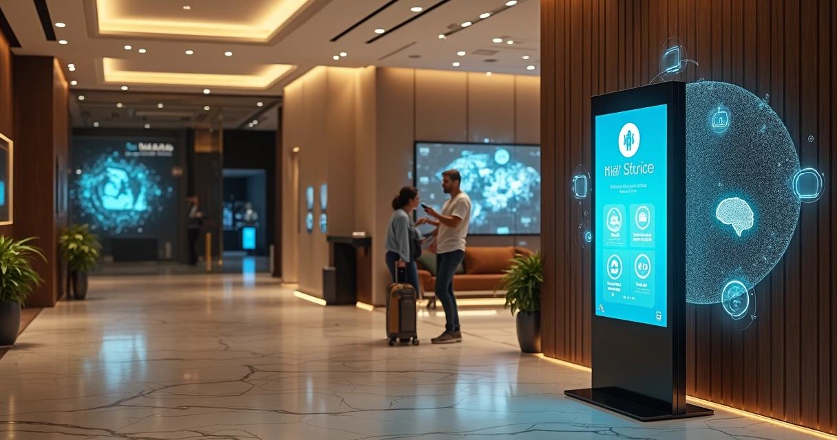 Recepção de hotel futurista com totens de autoatendimento e hologramas de inteligência artificial 