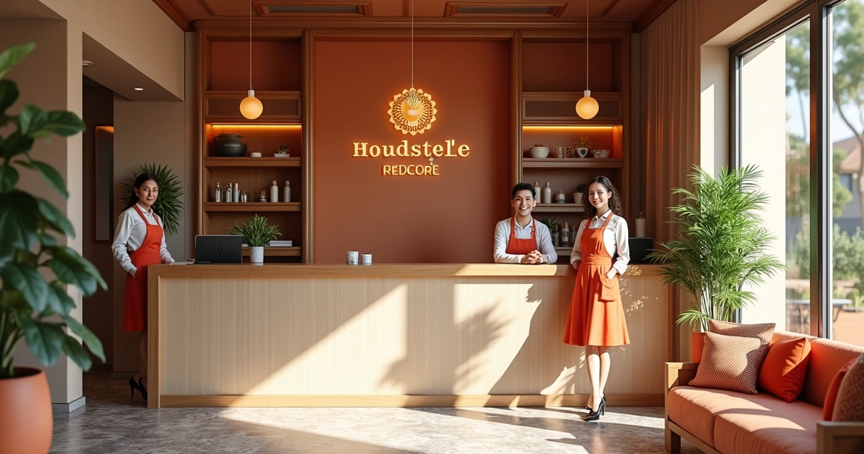 Recepção de hotel harmoniosa com elementos da identidade visual 