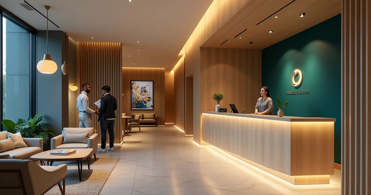 Recepção de hotel moderna com identidade visual harmonizada em todas as áreas 
