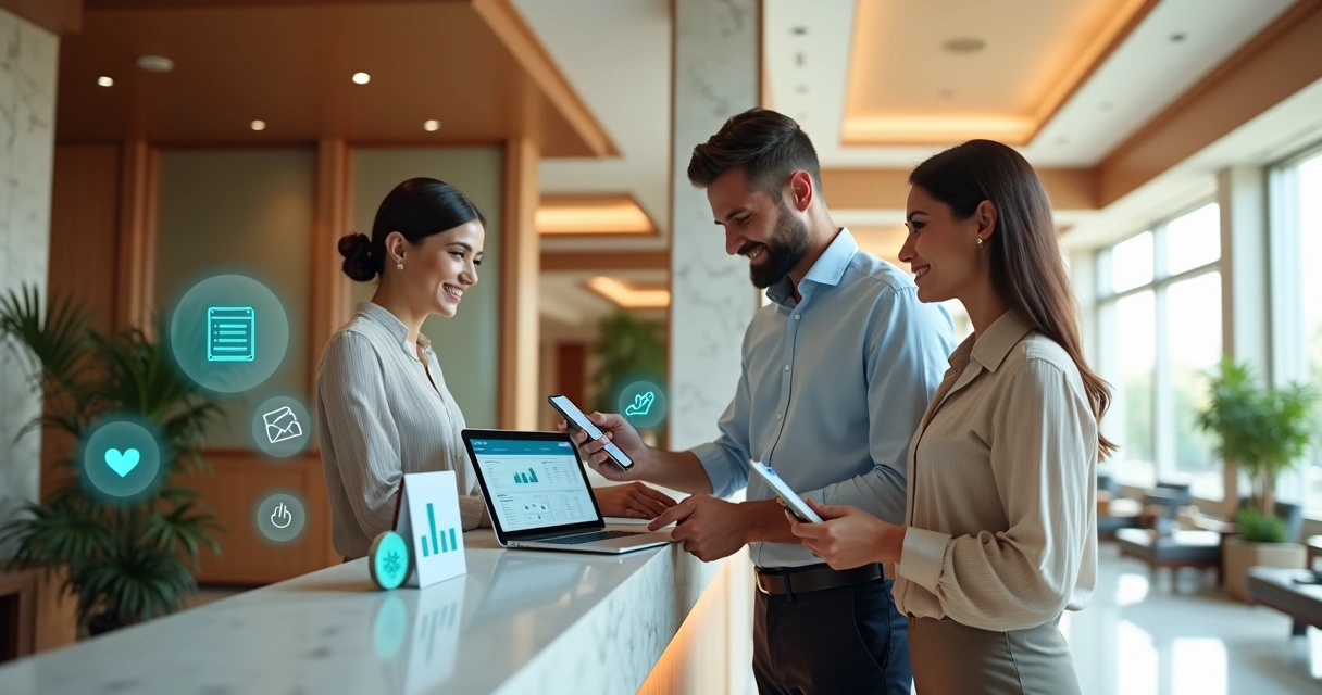 Recepcionista de hotel atendendo casal em balcão moderno com ícones digitais de reservas ao fundo 