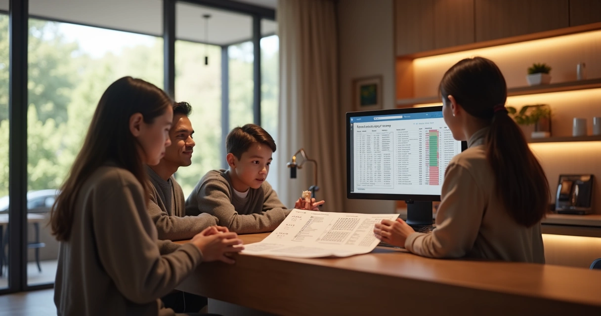 Recepcionista de hotel ajustando tarifas em computador enquanto hóspedes consultam tabela de preços 