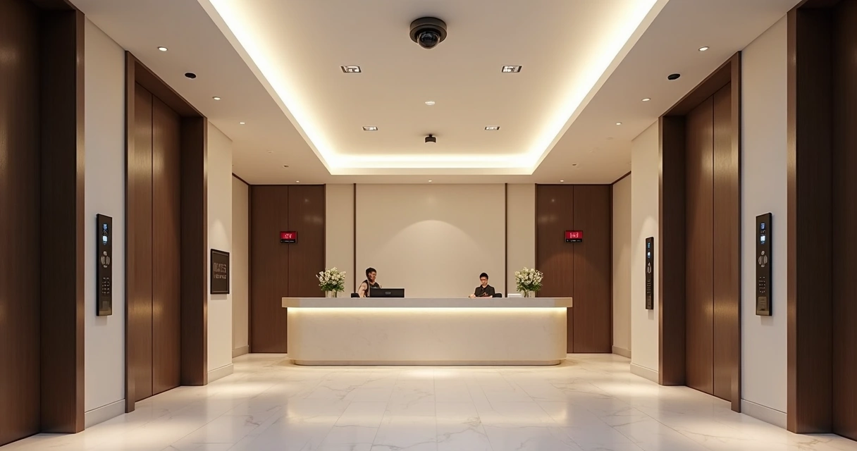 Recepção de hotel moderno e seguro com câmera de monitoramento apontada para a entrada 