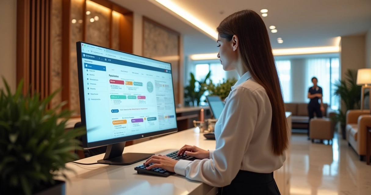 Recepcionista de hotel usando sistema digital de gestão na recepção moderna 