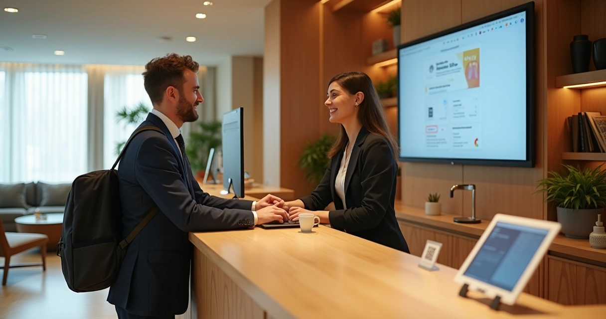 Recepcionista atendendo hóspede walk-in no balcão do hotel 