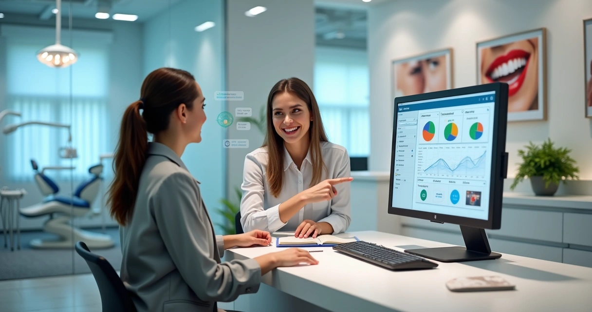 Recepcionista e profissional de marketing alinhando estratégias em clínica odontológica 